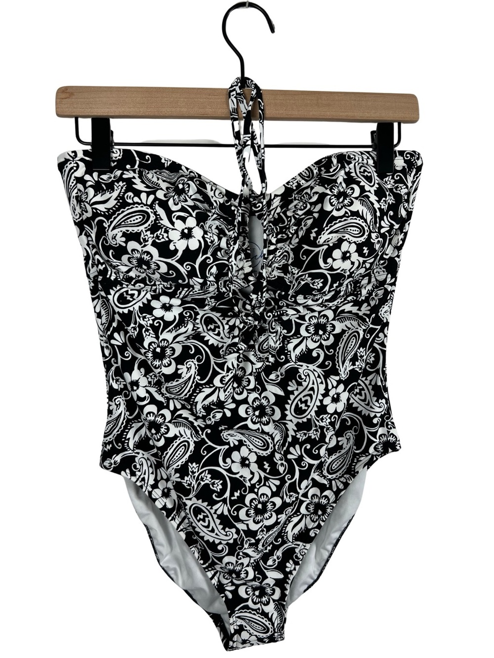 LOFT Beach Cutout Halter One Piece Swimsuit Medium Black White Floral NWT - Picture 2 of 16